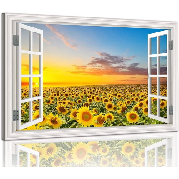 WFSposterSunflower Wall Art Decor for Living Room Window Style Sunset Canvas Picture for Bedroom Realism Yellow Flowers Filed Artwork for Bathroom Nature Landscape Prints Paintings for Home Office