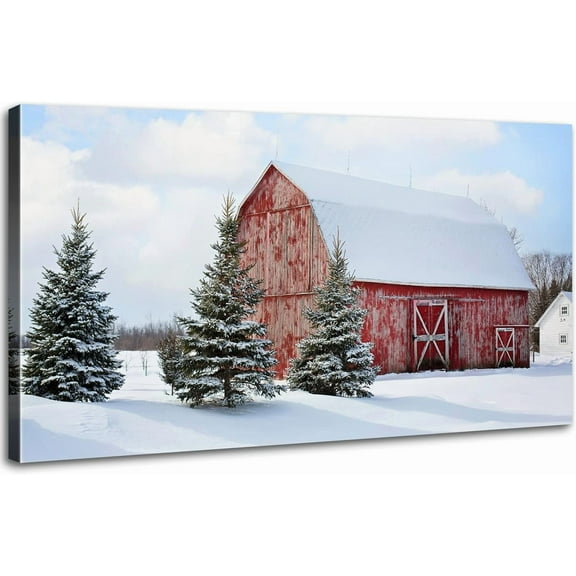 WFSposterWinter Wall Art Red Barn Wall Decor Snowy Country Landscape Picture Canvas Prints for Living Room Bedroom Pine Trees Scene Painting Poster Farmhouse Christmas Decor Artwork Home Decoration