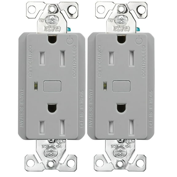 WFTRCR15-GY-SP-L Pack of 2 Wi-Fi Smart Duplex Receptacles, Gray; 15A, 120V; Tamper Resistant; Back and Side Wire; Pushbutton Actuator; 2-Poles; Compatible with Alexa .