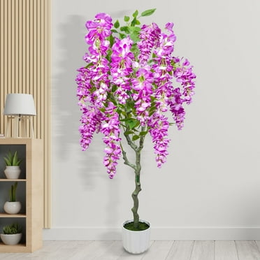 WFUN 4FT Pink Artificial Wisteria Flowers with White Pot for Home Office Decoration