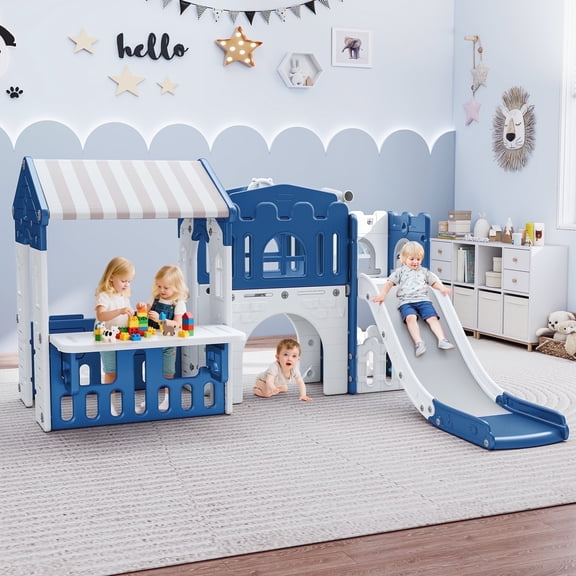 WFUN 9 in 1 Indoor Infant Toddler Playground Slides Playset for Backyard Home, Blue & Gray