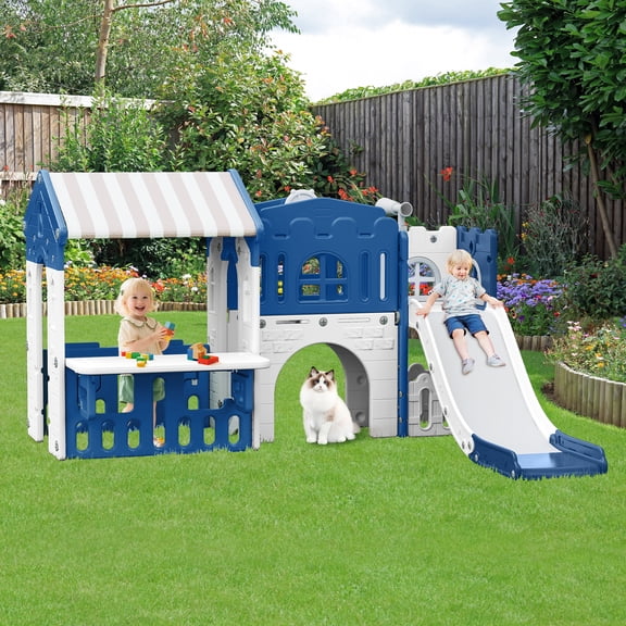 WFUN 9 in 1 Indoor Infant Toddler Playground Slides Playset for Backyard Home, Blue & Gray