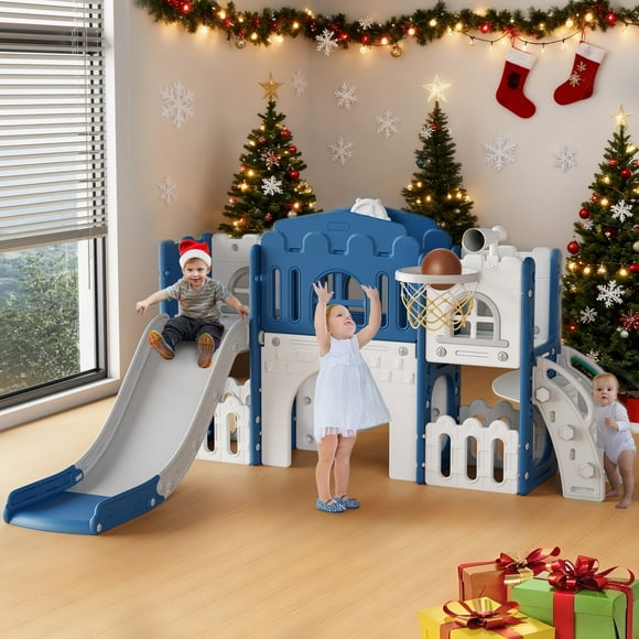 WFUN 9 in 1 Toddler Slide PlaySet for kids indoor/outdoor for Toddlers Age 1+, Blue & Gray