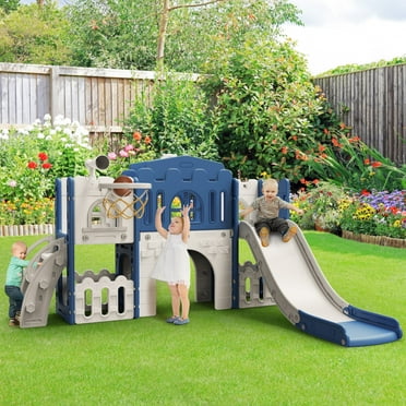 WFUN 9 in 1 Toddler Slide PlaySet for kids indoor/outdoor for Toddlers Age 1+, Blue & Gray