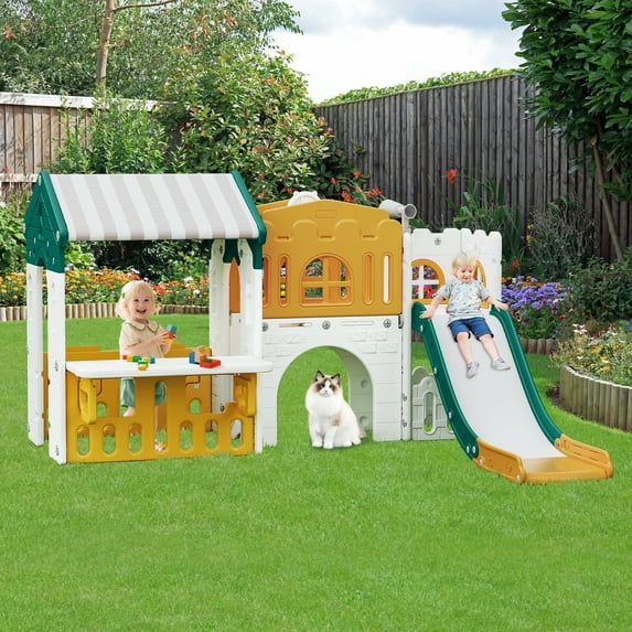 WFUN 9 in 1 Indoor Infant Toddler Playground Slides Playset for Backyard Home, Yellow & Green
