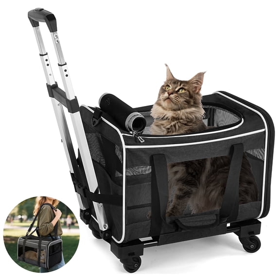 WFUN Rolling Pet Carrier with Wheels for Small Medium Dogs & Cats up to 20lb for Travel Flight Camping Outdoor,Black