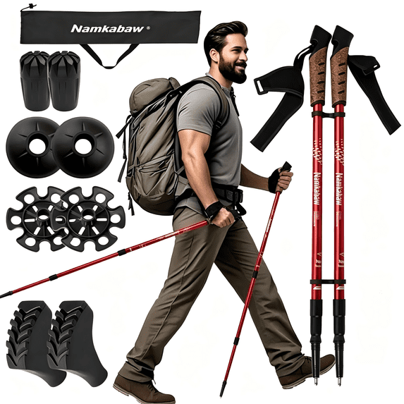 WFYL 2-pack Collapsible Trekking Poles, Portable Hiking Poles for Nordic Walking, Trail, Lightweight 6061 Aluminum, 3-Section Twist Lock, Walking Sticks for Women, Men & Seniors, Red