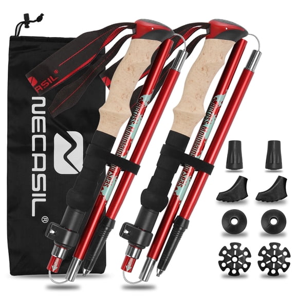 WFYL 2-pack Collapsible Trekking Poles, Portable Hiking Poles for Women, Men & Seniors, Lightweight 7075 Aluminum, Walking Sticks for Travel, Trails & Balance,Tri-fold, Red