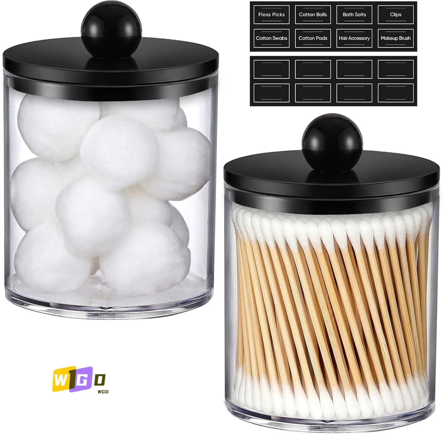 WGD 2 Pack Acrylic Qtip Holder Dispenser for Cotton Swabs, Balls, Pads, Floss - Plastic Canister Apothecary Jar Set, Bathroom Essentials Accessories Decor Vanity Makeup Storage Organizer