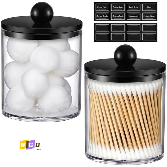 WGD 2 Pack Acrylic Qtip Holder Dispenser for Cotton Swabs, Balls, Pads, Floss - Plastic Canister Apothecary Jar Set, Bathroom Essentials Accessories Decor Vanity Makeup Storage Organizer