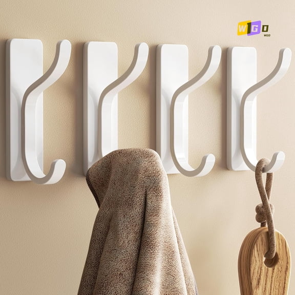 WGD Adhesive Wall Coat Hooks - Heavy Duty Stick-On Door Hanger, Metal Hook for Hanging Towel,Purse, Robe, Backpack, Jacket, Clothes - for Bathroom,Dorm, Closet, Kitchen - White, 4 Pack
