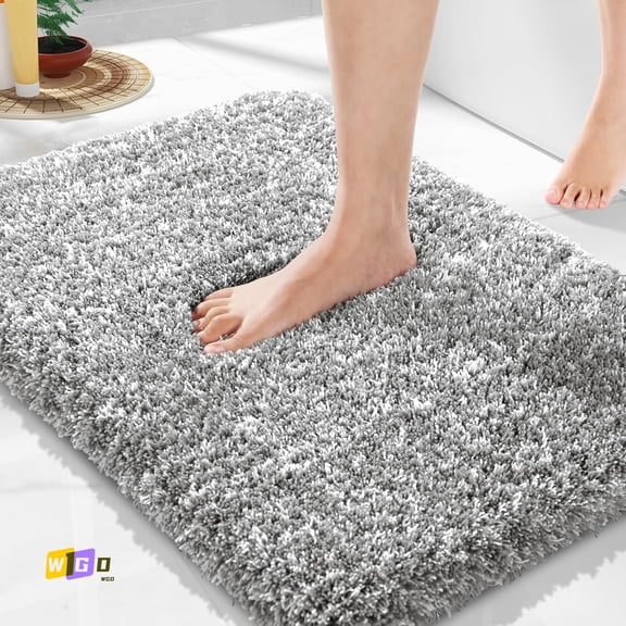 WGD Bathroom Rugs Non Slip Washable, Ultra Soft and Water Absorbent Bath Mats, Plush Fluffy Shower Mat Outside, Microfiber Thick Matts for Bathroom Floor/Sink, 24x17, Light Gray and White