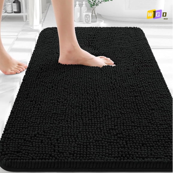 WGD Black Bathroom Rug 30x20, Extra Soft Absorbent Chenille Bath Rugs, Rubber Backing Quick Dry, Machine Washable Bath Mats for Bathroom Floor, Tub and Shower, Home Decor Accessories