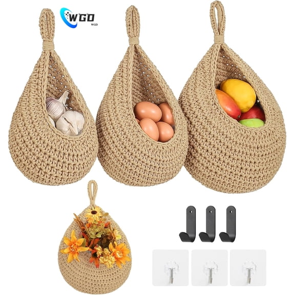 WGD Boho Wall Hanging Fruit Baskets for Kitchen 3 Pack Woven Produce Holder with 6 Pcs Strong Hooks Vegetable Hanging Basket for Organizing Teardrop Home Wall Potato Onion Storage, Linen