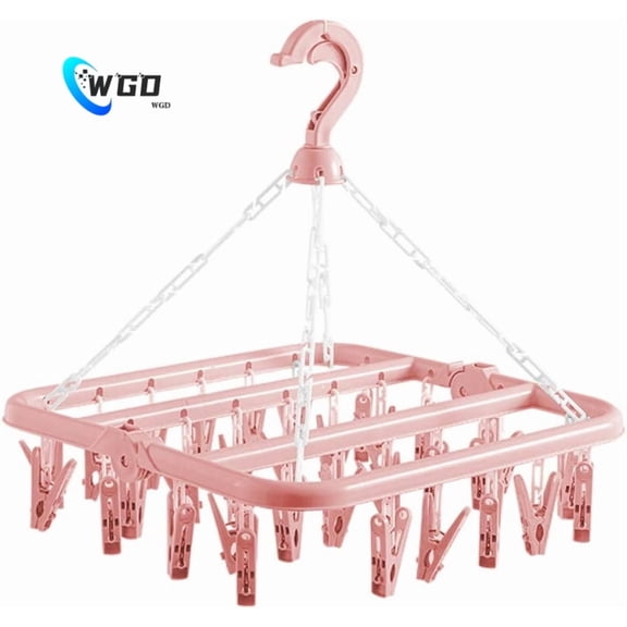 WGD Clothes Drying Hanger with 32 Clips and Drip Foldable Hanging Rack (Light Pink)