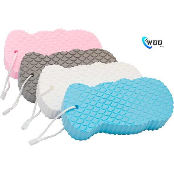 WGD Exfoliating Sponges (4 pcs) - Super Soft Exfoliating Bath Shower Sponge - Removes Dead Skin and Impurities from Body - Great for Adults and Children - Pink & Blue & White & Gray