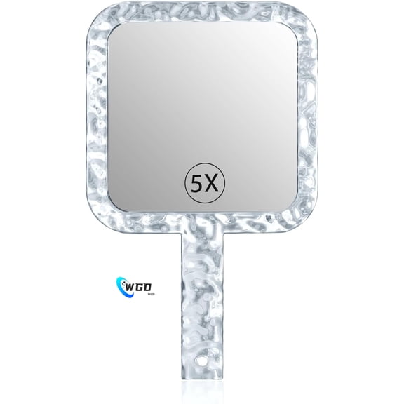 WGD Hand Mirror,Double-Sided Handheld 1X/5X Magnifying Mirror with Handle for Makeup, Shaving Mirror with Hole Hanging,Acrylic, 6.1" W x 10" L, Square Shape, Transparent 1 PC