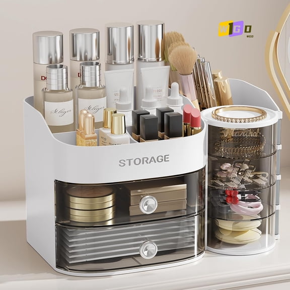 WGD Makeup Organizer Countertop, Cosmetic Storage for Dresser Bathroom Countertop, Include 4-Tier Rotating Jewelry Box for Brushes, Skincare, Perfume, Jewelry Organizer, Ideal Christmas Gifts, White