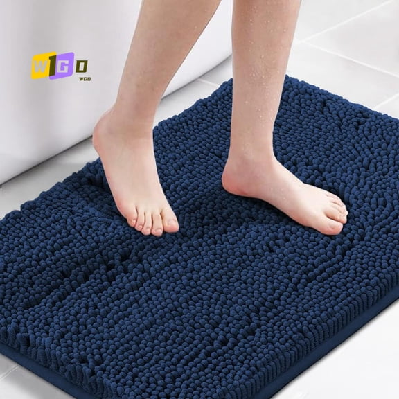 WGD Navy Blue Bath Rug, Bath Mat Non Slip Bath Mats for Bathroom Floor, Bathroom Rug Extra Thick Chenille Rug 17" x 24" Absorbent Soft Shaggy Washable Dry Fast Plush Rugs for Bathtubs
