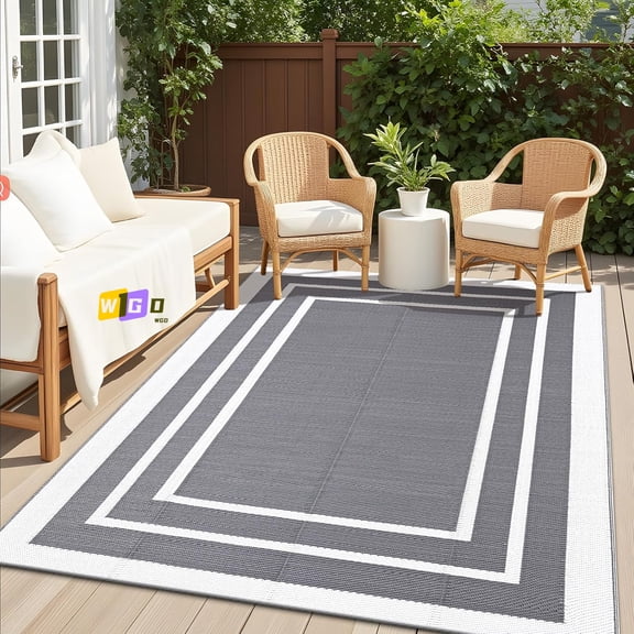 WGD Outdoor Rug 5x8 ft Waterproof, Reversible Outdoor Plastic Straw Rug, RV Mat, Indoor Outdoor Carpet Clearance for Patio, Camping, Balcony, Deck, Backyard, Grey & White
