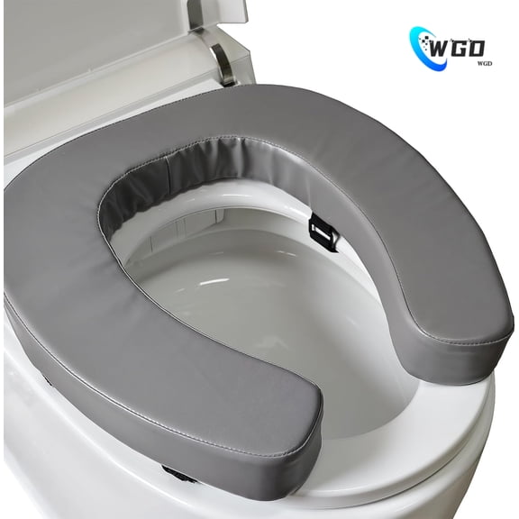 WGD Soft Padded Toilet Seat Cushion with 2-Inch High-Density Foam & Waterproof PU Fabric, U-Shape Padded Toilet Cushion - Secure Hook & Loop Tape, Fits Standard/Elongated Toilets (Grey)