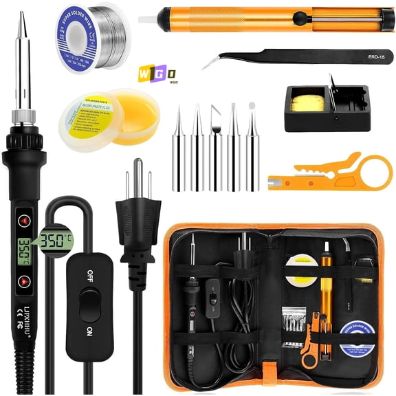 WGD Soldering Iron Kit 80W LCD Adjustable Temperature 180-520 Solder Kit Electronics 13 in 1 Welding Tools with ON/OFF Switch, Solder Wire, Flux, 5 Soldering Tips, Desoldering Pump, Stand, Tweezers