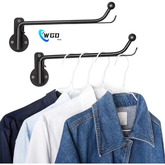 WGD Wall Mounted Drying Rack Laundry Clothes Hanger with Swing Arm Space Saving Metal Hanging Valet Rod for Laundry Closet Organizer Bathroom Bedroom, 2 Pack, Black