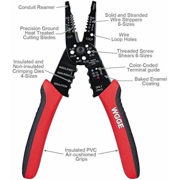WGGE WG-015 Professional 8-inch Wire Stripper/Crimping Tool, Cable Cutter/Crimper, Wiring and Multi-Function Hand Tool, Red With Black