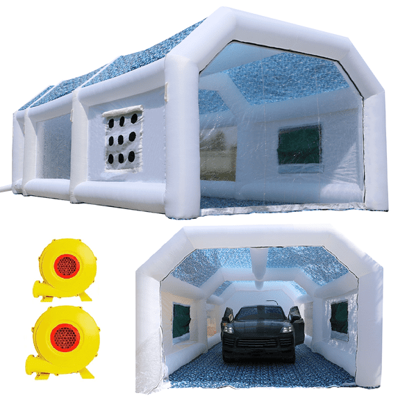 WGIA Inflatable Paint Booth 28x15x10FT Fashion Color Scheme (White + Camo) with 2 Blowers Inflatable Spray Booth with Filter System Portable Car Paint Booth for Car Parking Tent Workstation