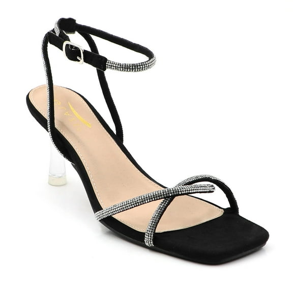 GJPBGK Women's 3-Inch Clear Heel Sandals Rhinestone Strap Open Toe Dress Shoes with Adjustable Buckle, Comfortable Sandal