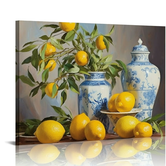 WGOD Lemon Canvas Prints Wall Art Citrus Fruit Picture Framed Yellow Lemon with Blue Pottery Classical Painting Artwork Rustic Farmhouse Kitchen Wall Decor 20x16in