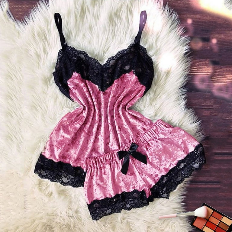 WGOUP New Women Sexy Lingerie Camisole Bow Shorts V-Neck Tops Velvet  Pajamas Sleepwear,Pink(Buy 2 Get 1 Free) 