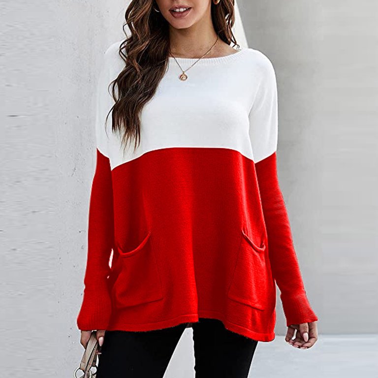 WGOUP Sweaters for Women Womens Sweaters Women's Causal Loose Pockets Sweater  Color Block Knit Pullover Off Shoulder Tops,Red XXXL 