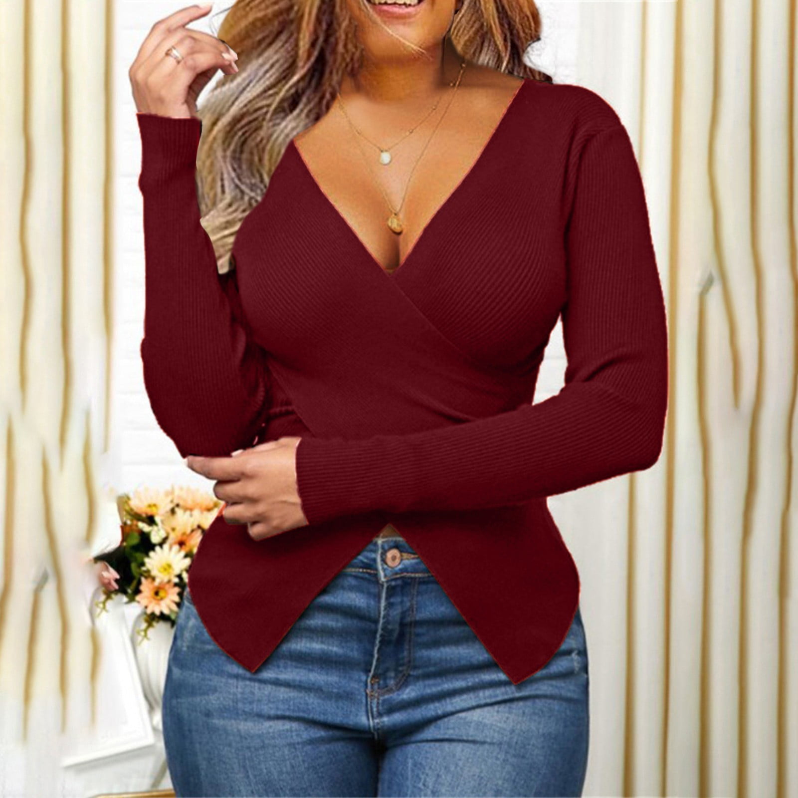 Red v cheap neck sweatshirt