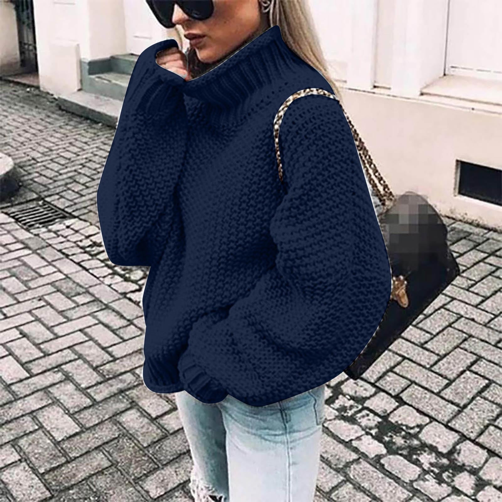 WGOUP Women's Casual Oversize Chunky Knit Pullove Long Sleeve Elegant High- Neck Vintage Chunky Winter Pullove Sweater,Navy