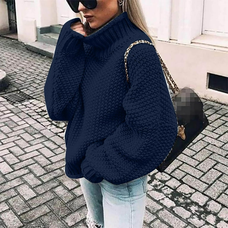 WGOUP Women's Casual Oversize Chunky Knit Pullove Long Sleeve Elegant  High-Neck Vintage Chunky Winter Pullove Sweater,Navy