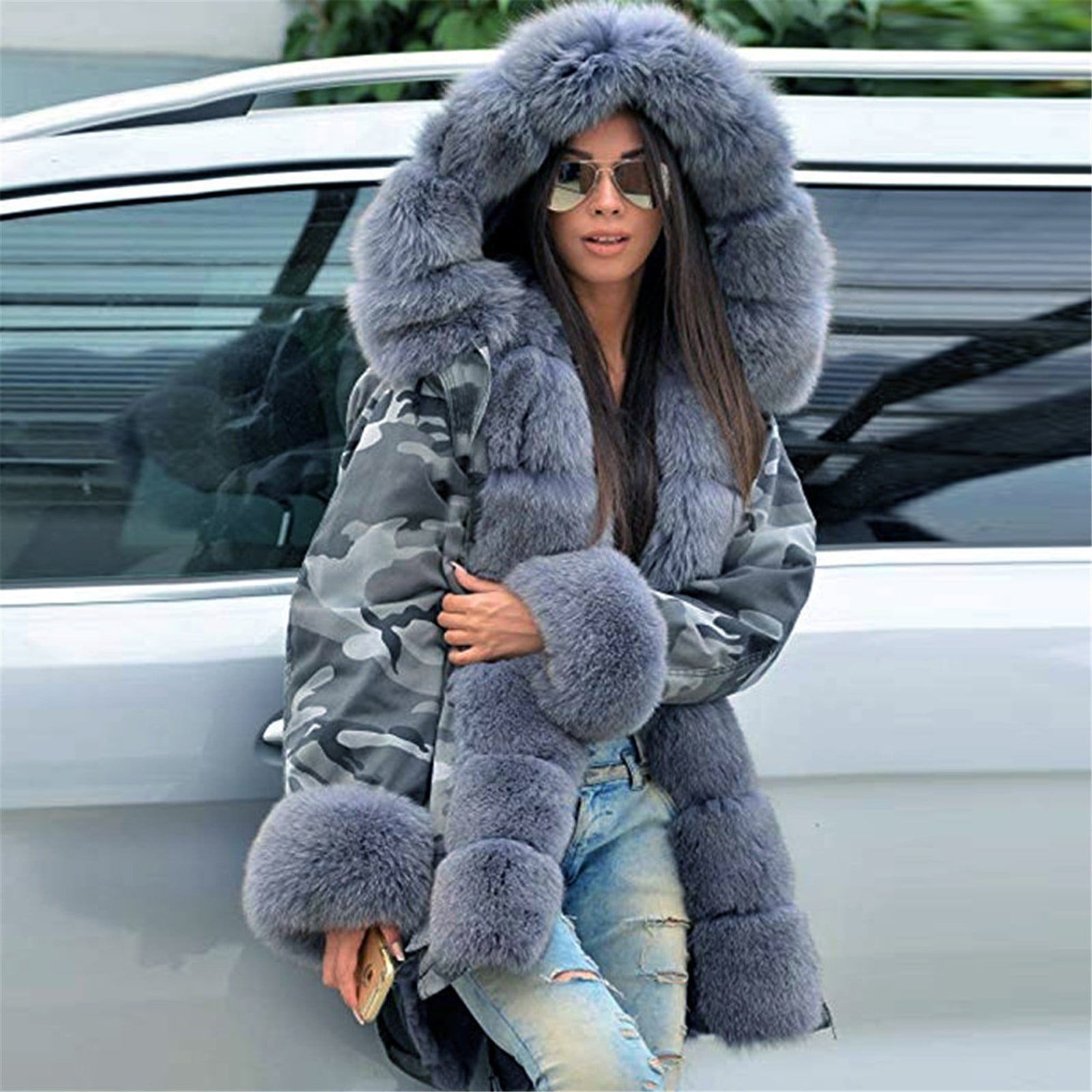 WGOUP Women\'s Faux-Fur Shaggy Winter Camo-Coat Long Sleeve Open Front  Outwear Fishtail Hooded Jacket,Gray