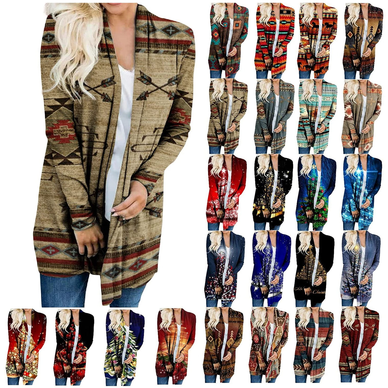Sleeve Top Lightweight Women\'s Long Printed Jacket,Blue WGOUP Cardigan Front
