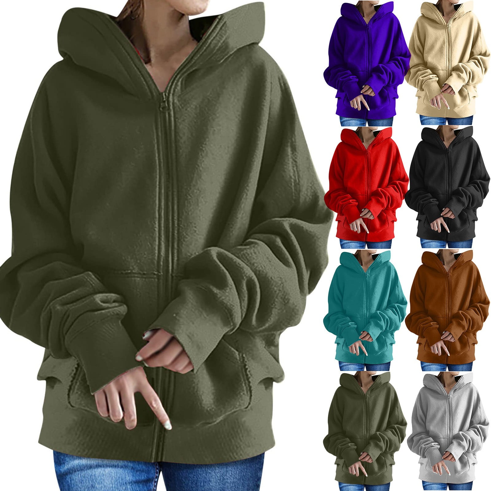 WGOUP Womens Full Zip Up Plus Size Hoodie Winter Oversized Long Sleeve  Hooded Sweatshirt Warm Loose Outwear,Purple 