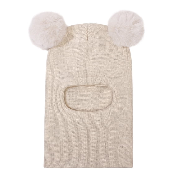 WGRFFH Baby Winter Knit Hat with Soft Pom Poms,Toddler Pullover Style Beanie with Integrated Neck Warmer,Cute Ear Design Fleece Lined Cap for Infants and Kids Cold Weather Protection Beige