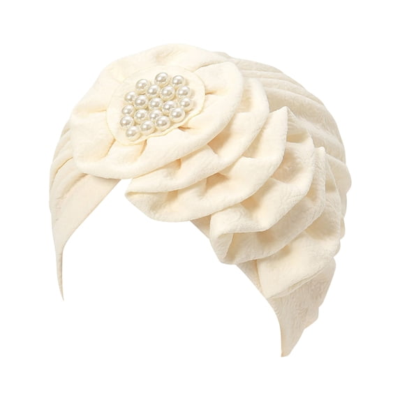 WGRFFH Beaded Flower Turban,Elastic Chemo Beanie for Women,Exquisite beaded flower,stretch polyester,Cancer Headwear,comfy pull-on skull cap,Solid Pre Tied Headwraps for hair loss women White