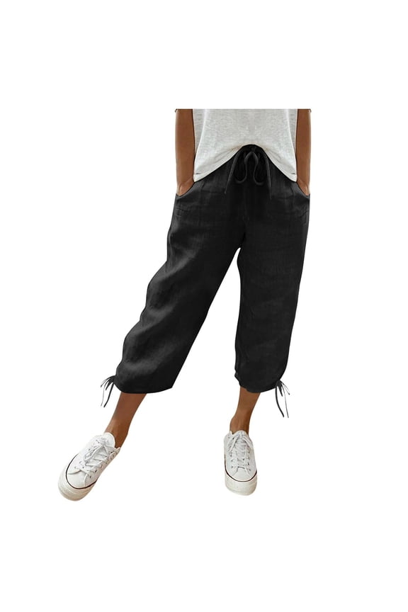 Capri Leggings for Women Pedal Pushers with Pockets,Slit Hem Drawstring Elastic Waist Stretch Cropped Workout Pants Straight Wide Leg Athletic Exercise Workout Capris Full Length Capri Black