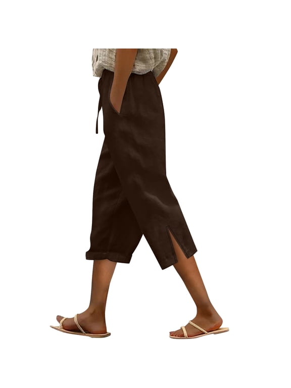 Capri Pants for Women Capris Leggings with Pockets,Side Split Full Length Capri Joggers Sweatpants Solid Color Loose Fit Cropped Pant Fashion Capris 3/4 Pants Women Capri Trendy Capri Coffee