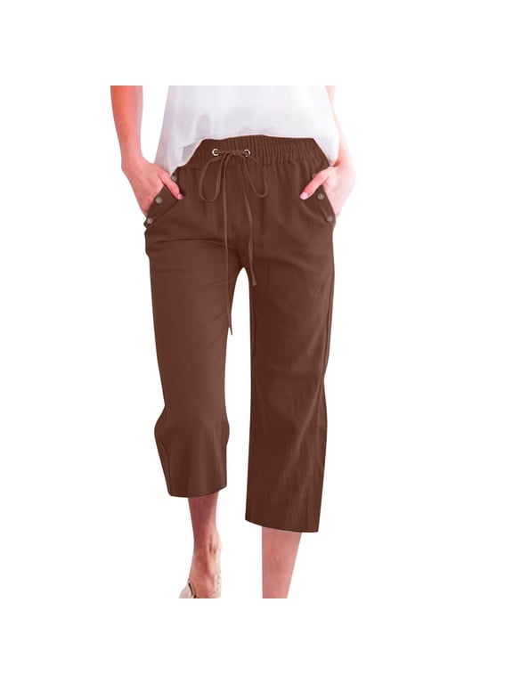 Capris for Women Button Capri Pants with Pockets Gym Capris Tummy Control Leggings Ladies Capri 2026 Joggers Sweatpants Full Length Capri Lounge Pants Trousers Comfortable Capri Pants Coffee