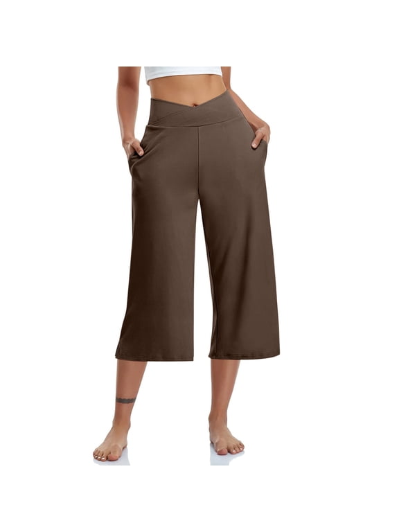 Capris for Women Crossover Waist Capri Pants,Dress Capris with Pockets Comfortable Capri Pants 2026 Cropped Trousers Solid Color Women's Golf Capris Lounge Pants Trousers Coffee