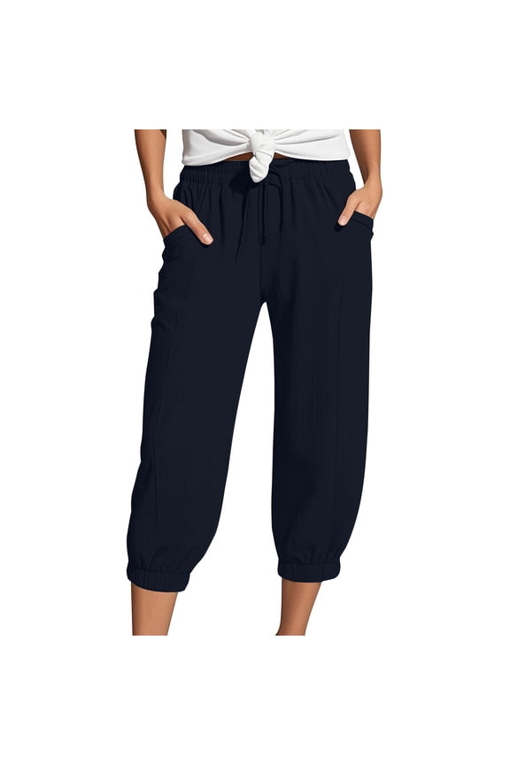 Capris for Women Haren Pants Pockets Joggers Sweatpants Basic Editions Women's Pants Cotton Linen Cropped Pants Solid Color Elastic Waist Gym Capris Straight Wide Le Dark Blue