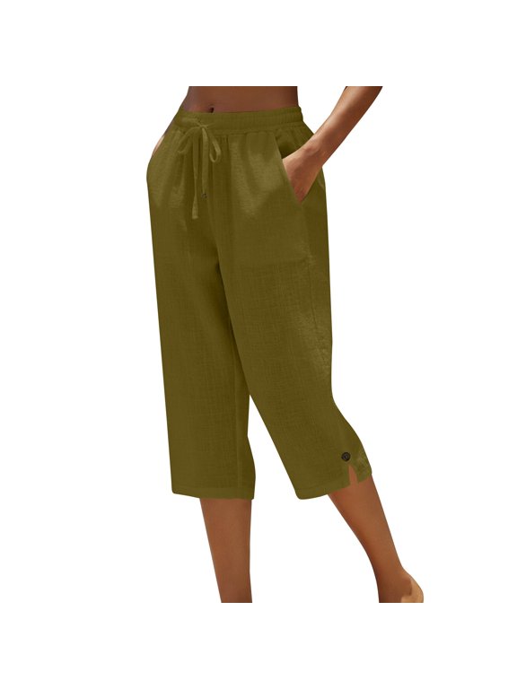 Cotton Capri Pants for Women Side Pockets Solid Color Comfortable Capri Pants Trendy Capri Gym Capris Loose Fit Cropped Pant 3/4 Pants Women Capri Full Length Capri Coffee