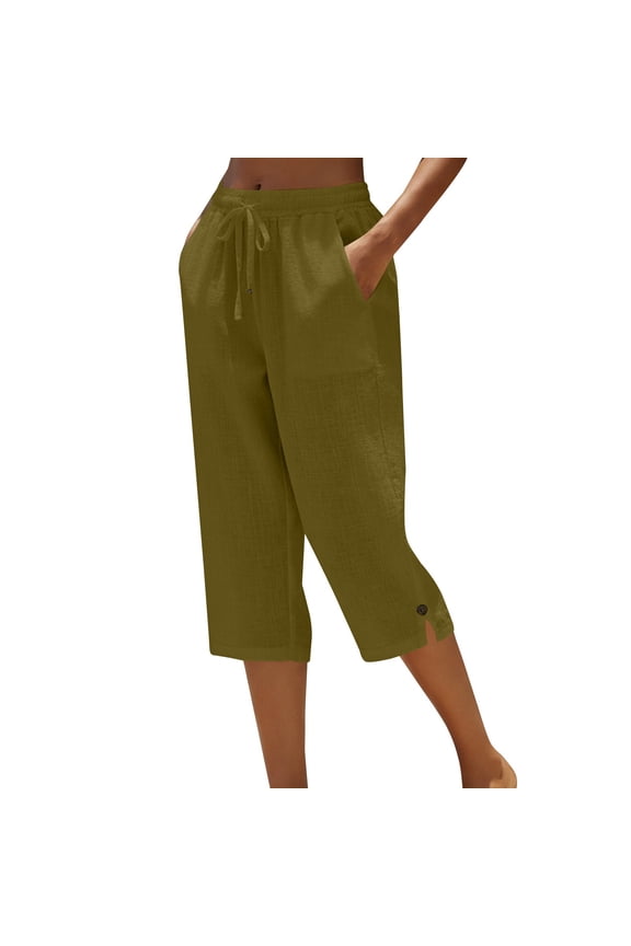 Cotton Capri Pants for Women Side Pockets Trendy Capri Fashion Capris Stylish Capris for Travel Outdoor 2026 Cropped Trousers Straight Wide Leg High Waist Cropped Trousers Coffee
