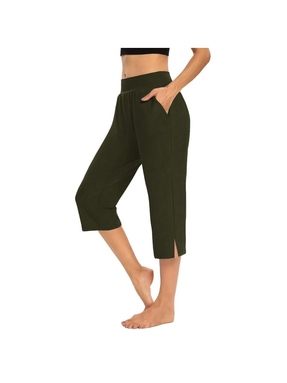 Dressy Capri Pants for Women Pull On Side Split Athletic Cropped Trouser Straight Wide Leg Loose Fit 3/4 Pants Women Capri Comfortable Capri Pants Fashion Capris Gym Capris Coffee