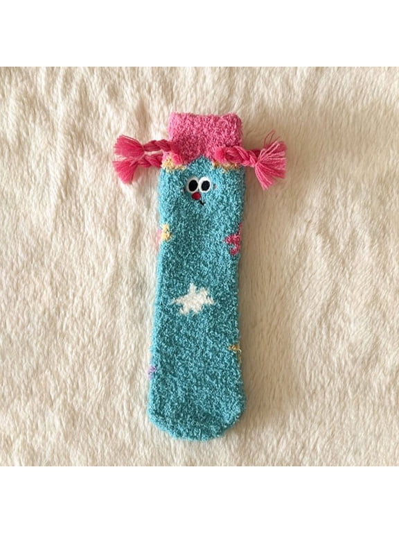 Funny Fuzzy Slipper Socks for Women - Cute Fun Novelty Cool Cute Soft Cozy Fluffy Non Slip Winter Warm Home Sleeping Socks Gifts,3D Cartoon Braided Hair Crew Socks for Home Casual Wear Blue